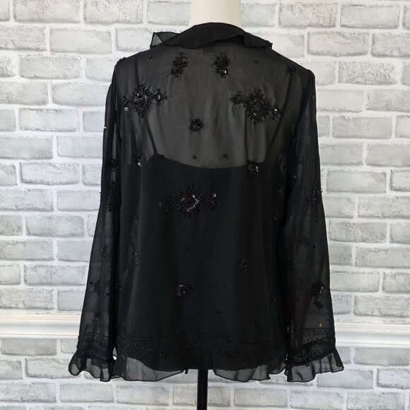 Coldwater Creek Black Beaded Sheer Chiffon Cardigan Cami Set 14 Party Evening - Picture 3 of 8